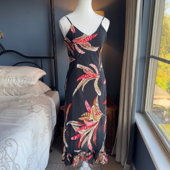 Black w Tropical Red Feather Print Chiffon Midi Dress - Picture 2 of 15